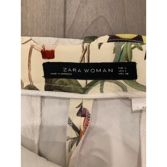 Zara Women Cream Floral Wide Leg Trouser Pant Size L - Picture 7 of 11